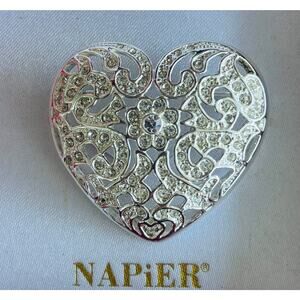 Vintage Napier Silver Heart & Rhinestone Brooch Vintage